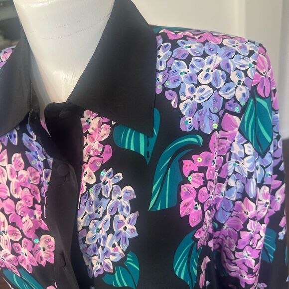 Bob Mackie Wearable Art Black Floral Silk Button-Up Blouse XS - Picture 2 of 5